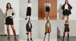 Collage of 10 black denim skirt outfit ideas featuring boots, blazers, leather jackets, and casual tops