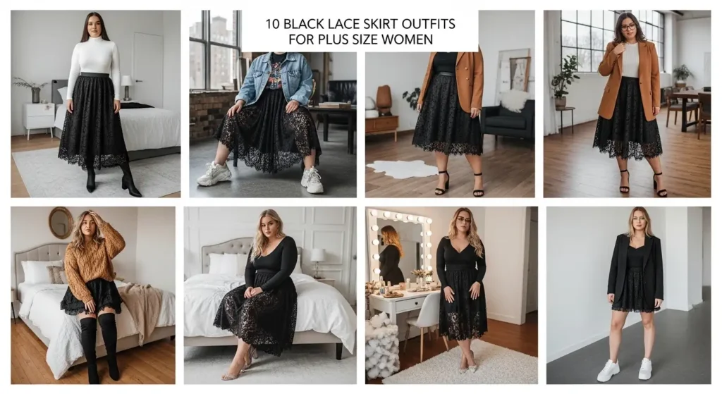 Black lace skirt outfit ideas for plus size women shown in a stylish 8-photo editorial collage