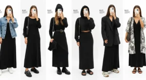 Six black maxi dress casual outfit ideas styled in mirror selfies — denim jacket, blazer, hoodie, kimono and more
