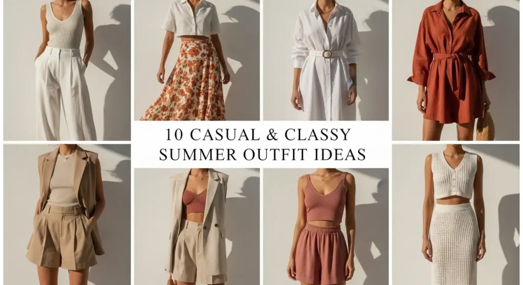 Collage of casual and classy aesthetic outfit ideas for summer featuring 8 elegant neutral-toned looks