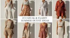 Collage of casual and classy aesthetic outfit ideas for summer featuring 8 elegant neutral-toned looks