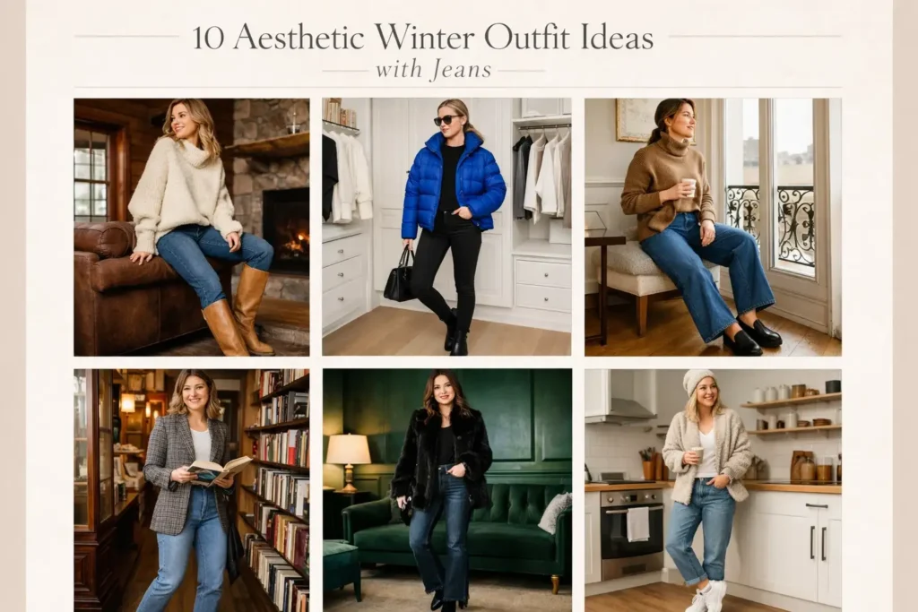 A fashion collage of 6 aesthetic winter outfit ideas with jeans in cozy and chic seasonal styles