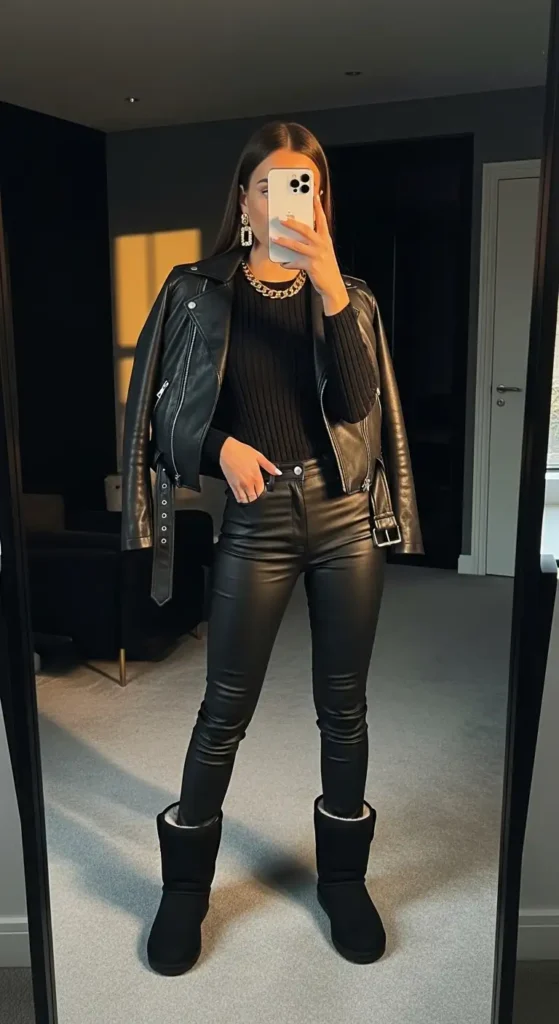 Woman in all-black leather jacket and pants with Black Ugg Outfit Ideas boots.