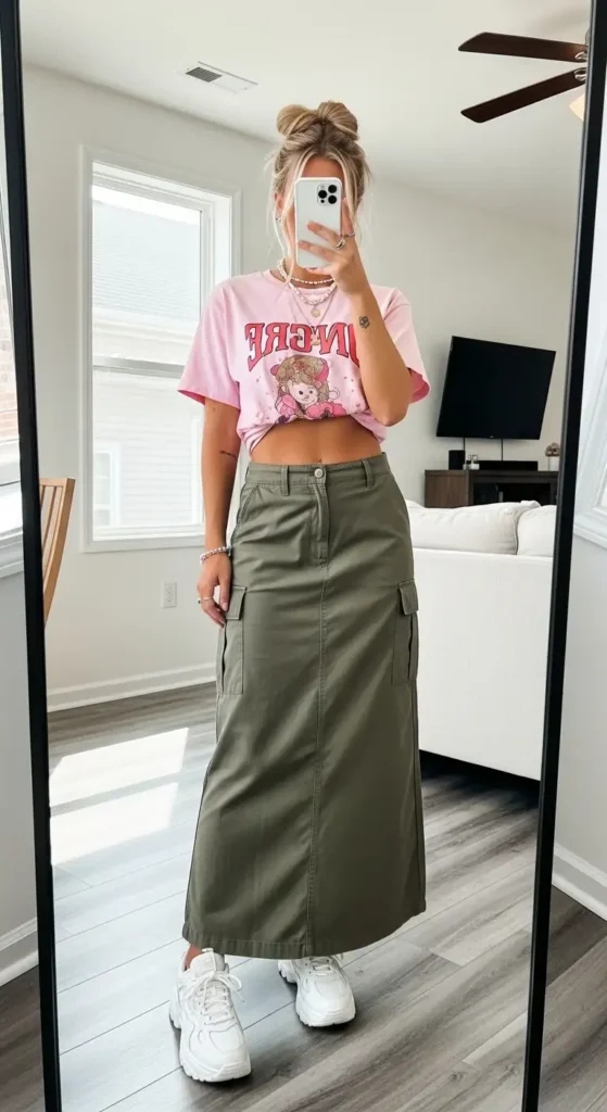 Mirror selfie of a woman wearing a pink baby tee with an olive maxi cargo skirt for Y2K Party Outfit Ideas for Women.