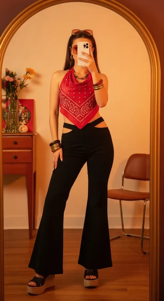 Mirror selfie of a woman rocking a red bandana halter top with black low-rise flared pants as Y2K Party Outfit Ideas for Women.