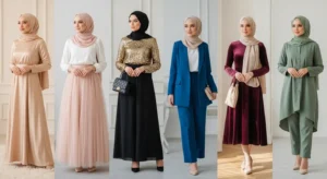 Collage of six stylish modest outfits perfect for celebrations – Birthday Girl Outfit Ideas With Hijab.
