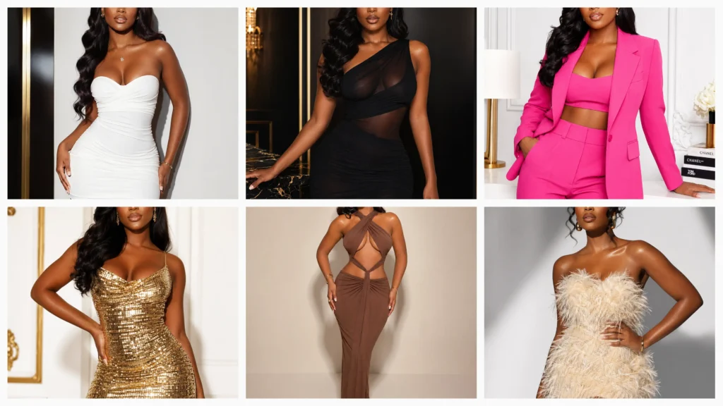 Collage of stylish Birthday Girl Outfit Ideas for Black Women featuring elegant dresses and sets.