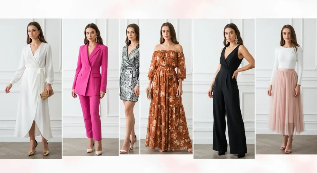 Birthday Photo Shoot Outfit Ideas collage of 6 looks including white dress, pink co-ord, and black jumpsuit
