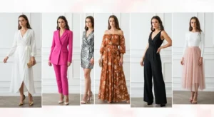 Birthday Photo Shoot Outfit Ideas collage of 6 looks including white dress, pink co-ord, and black jumpsuit