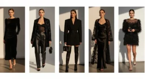 Black Birthday Photo Shoot Outfit Ideas featuring five elegant all-black looks from velvet to feather trim mini dress.