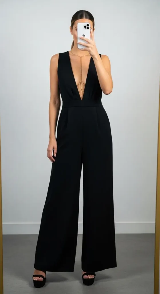 Black jumpsuit with deep plunge neckline and gold body chain — a sleek Black Birthday Photo Shoot Outfit Idea.
