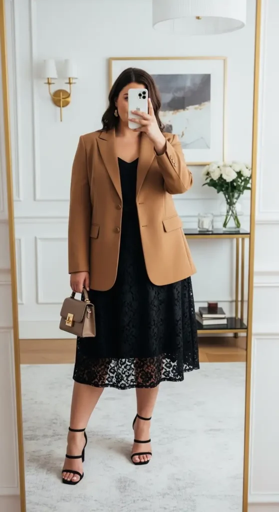 Plus size woman wearing black lace skirt outfit with a camel blazer and heels — mirror selfie inspo