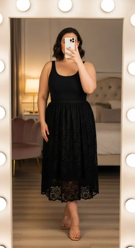 A black lace skirt outfit idea for plus size women paired with a black bodysuit and nude sandals