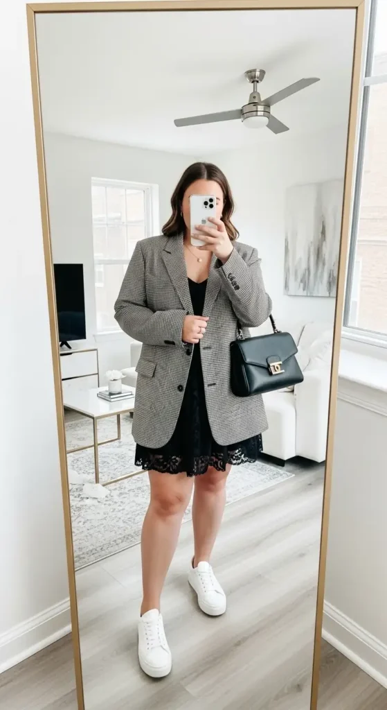Black lace skirt outfit idea for plus size women styled with a plaid blazer and white sneakers