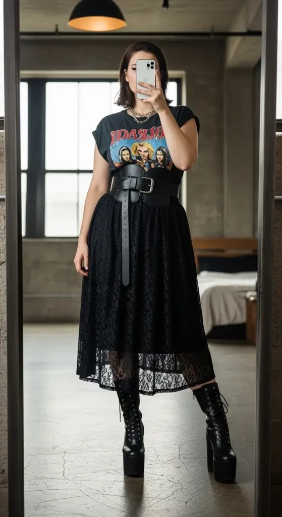 Edgy black lace skirt outfit idea for plus size women with a band tee, wide belt, platform boots

