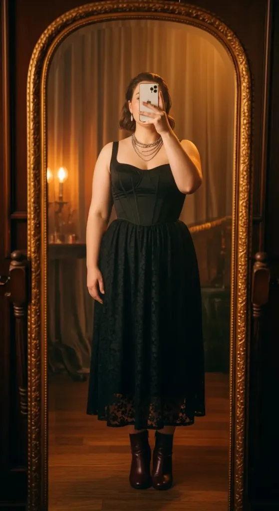 Romantic black lace skirt outfit for plus size women featuring a corset top and burgundy ankle boots