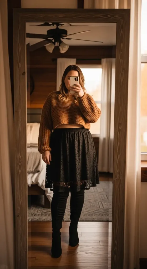 Plus size black lace skirt outfit styled with a cropped camel knit sweater and over-the-knee boots