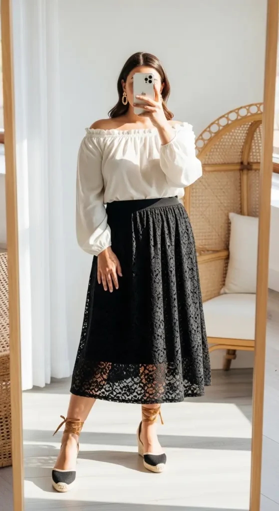 Black lace skirt outfit idea for plus size women with a white off-shoulder top and espadrille wedges