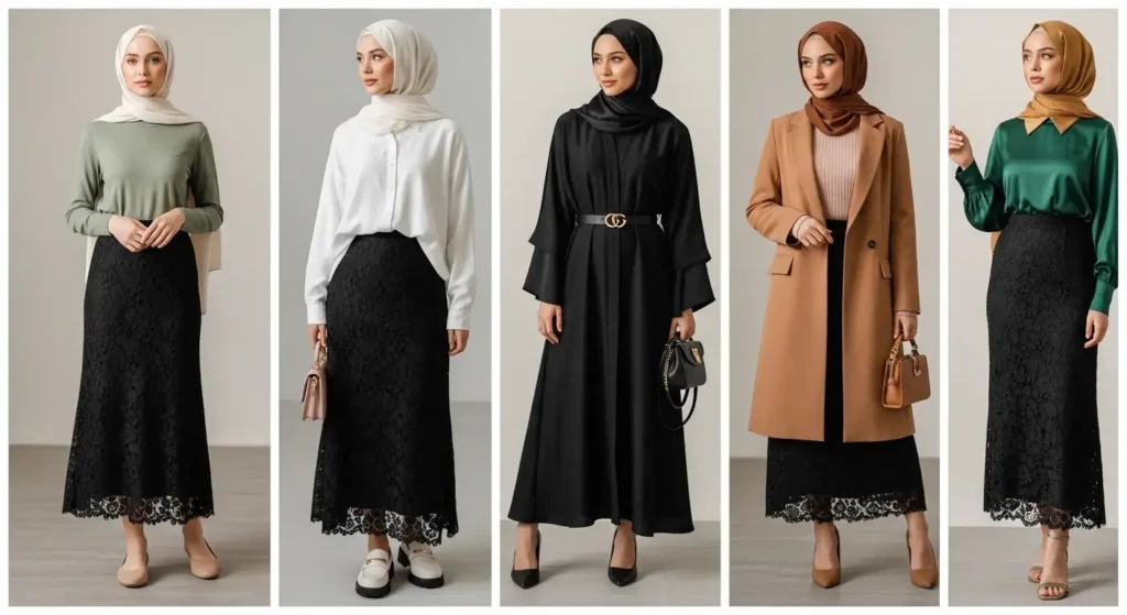10 Black Lace Skirt Outfit Ideas with Hijab featuring sage, white, black, camel, and emerald looks