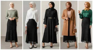 10 Black Lace Skirt Outfit Ideas with Hijab featuring sage, white, black, camel, and emerald looks