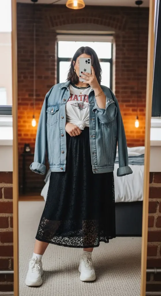 Plus size black lace skirt outfit with an oversized denim jacket, graphic tee, and white sneakers
