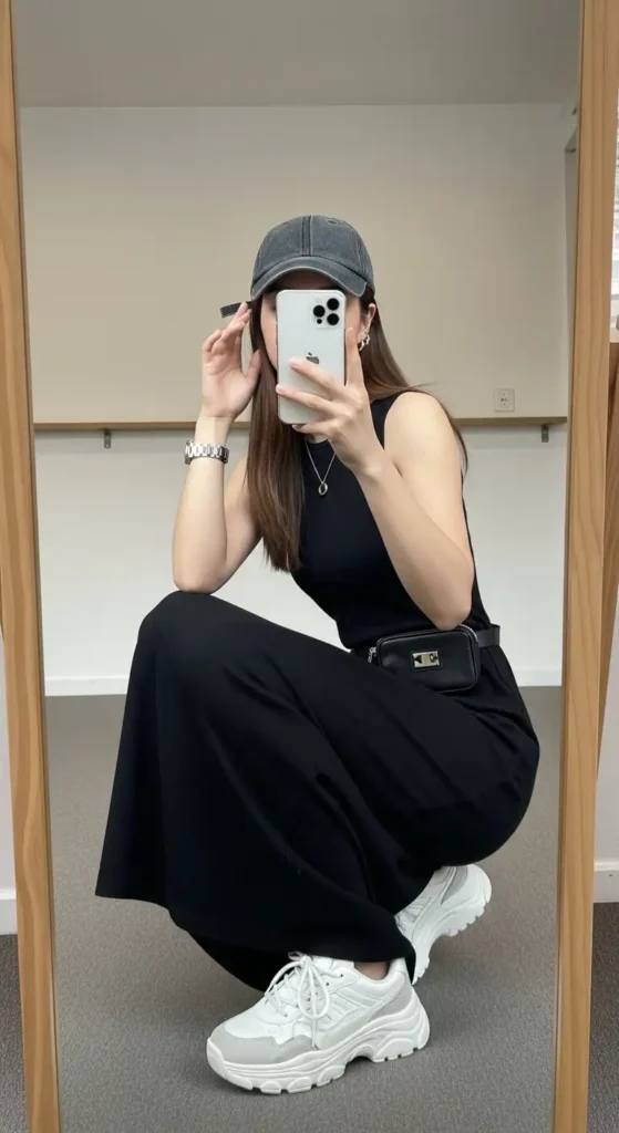 Black maxi dress casual outfit idea with a black puffer vest, pom-pom beanie, and tall black boots