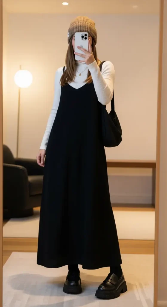 Black maxi dress casual outfit idea with a white turtleneck, oatmeal beanie, and chunky black loafers
