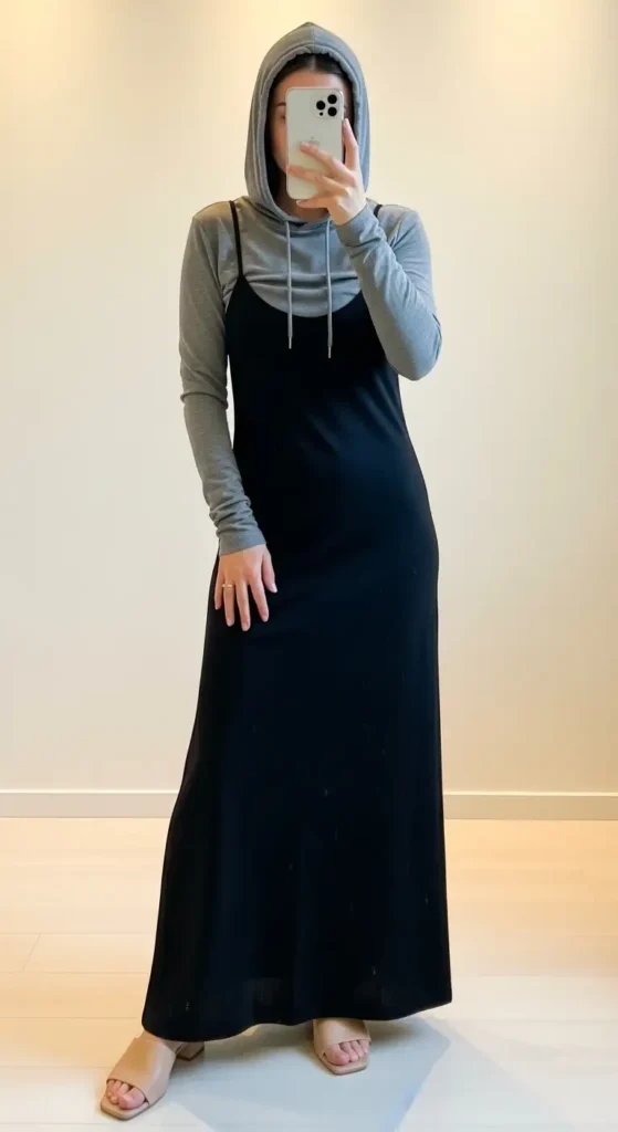 Black maxi dress casual outfit idea layered under a grey cropped hoodie with nude slide sandals