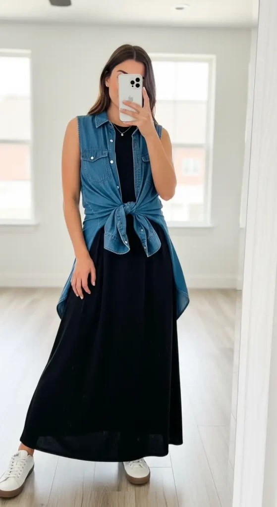 Black maxi dress casual outfit idea with a sleeveless denim shirt tied at the waist and white sneakers
