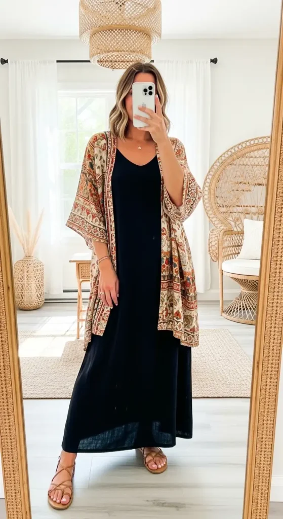Black maxi dress casual outfit idea layered with a boho printed kimono and strappy flat sandals