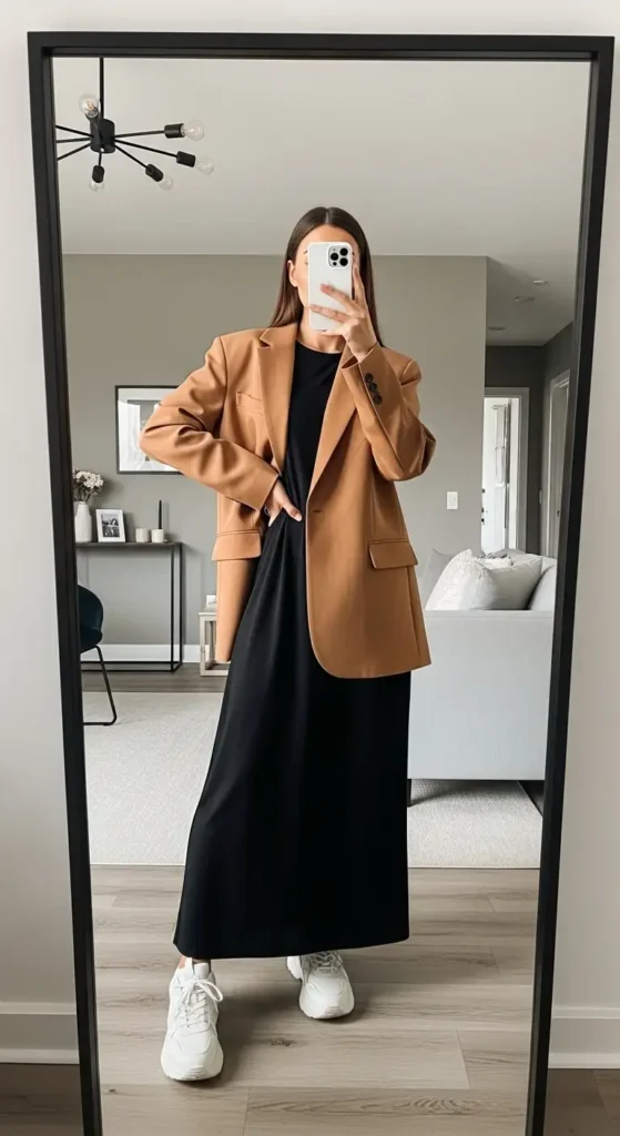 Black maxi dress casual outfit idea styled with a camel oversized blazer and white chunky sneakers
