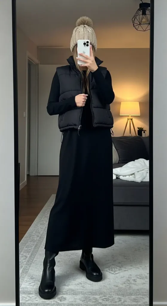 Black maxi dress casual outfit idea with a black puffer vest, pom-pom beanie, and tall black boots