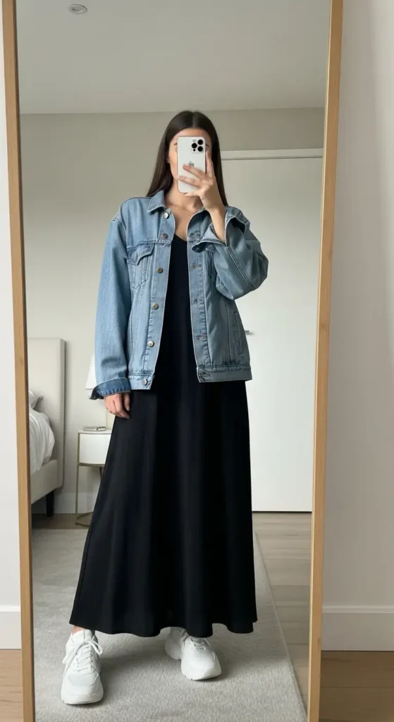 Black maxi dress casual outfit idea with an oversized light-wash denim jacket and white sneakers