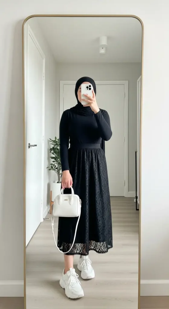 All-black mock-neck top and lace skirt hijab look from 10 Black Lace Skirt Outfit Ideas with Hijab