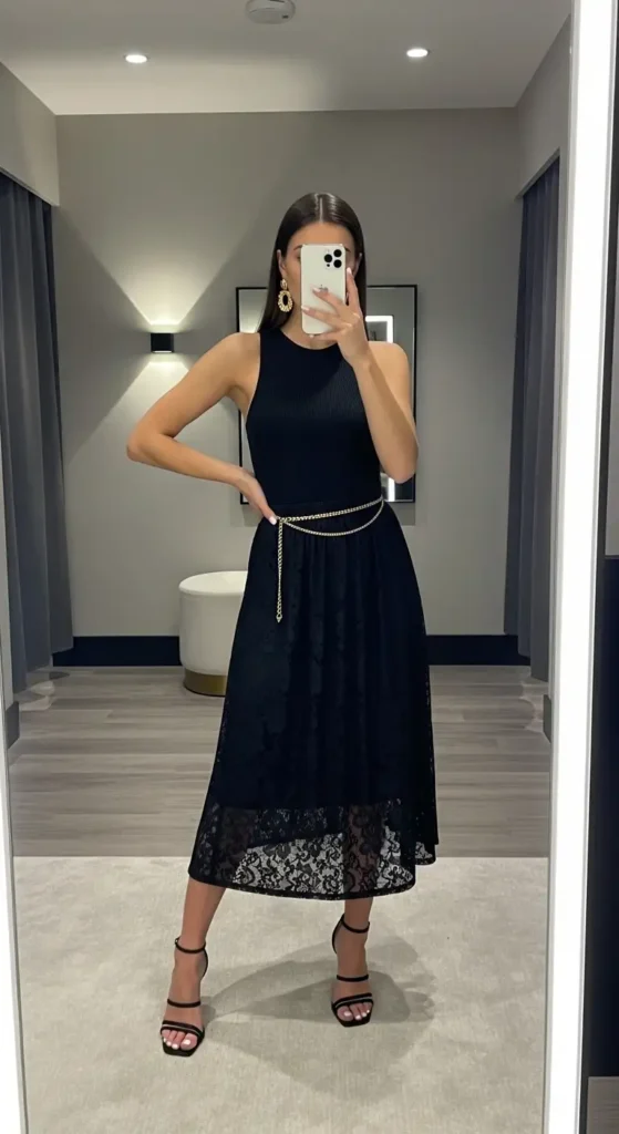 Mirror selfie of black lace skirt outfit idea for summer with ribbed bodysuit, gold chain belt, and black heeled sandals