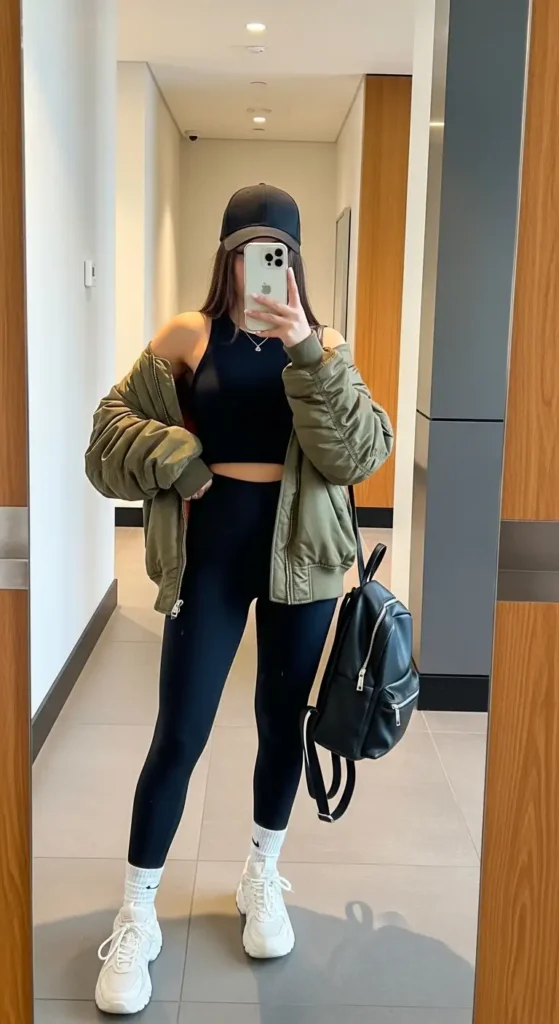 Casual black tank top outfit ideas with athleisure leggings, bomber jacket, and white sneakers