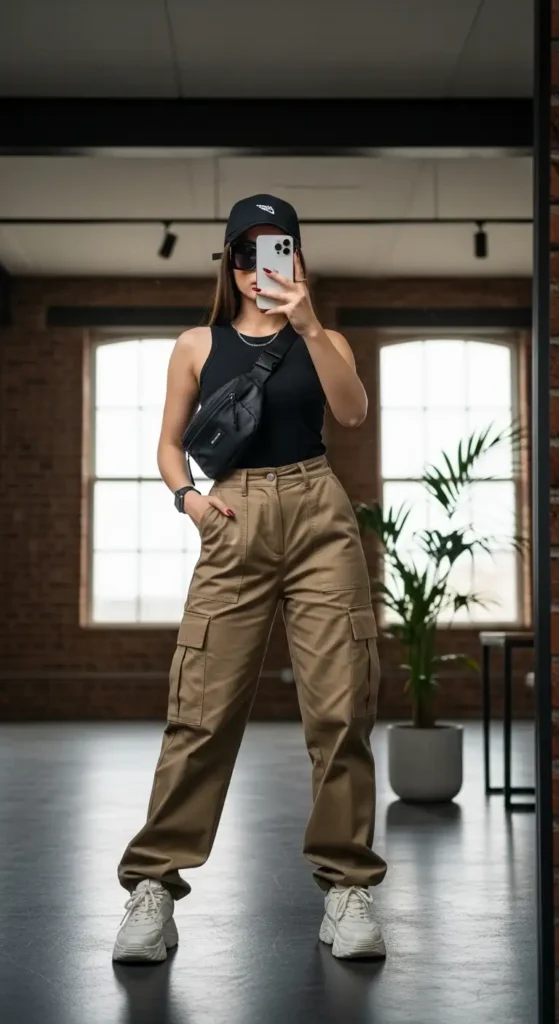 Street-style black tank top outfit ideas featuring cargo pants, cap, and chunky sneakers