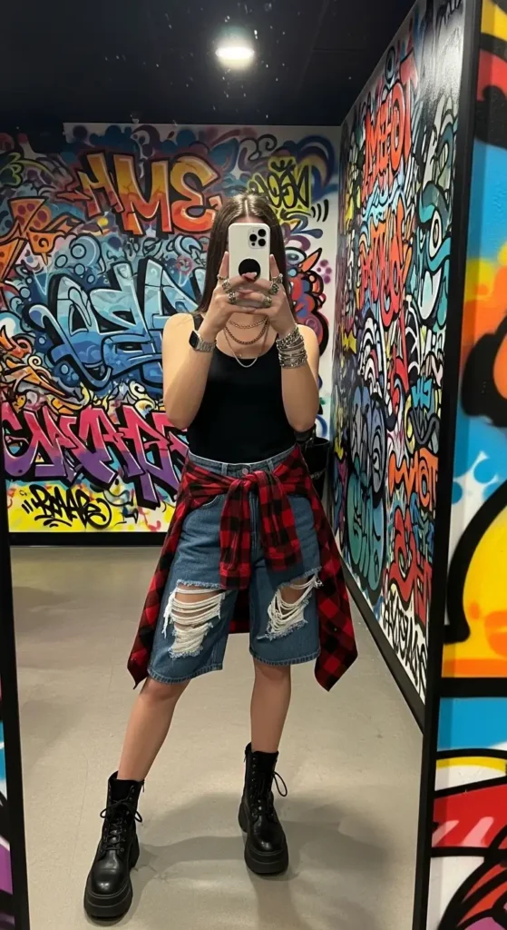 Edgy black tank top outfit ideas with distressed denim shorts, plaid shirt, and combat boots.