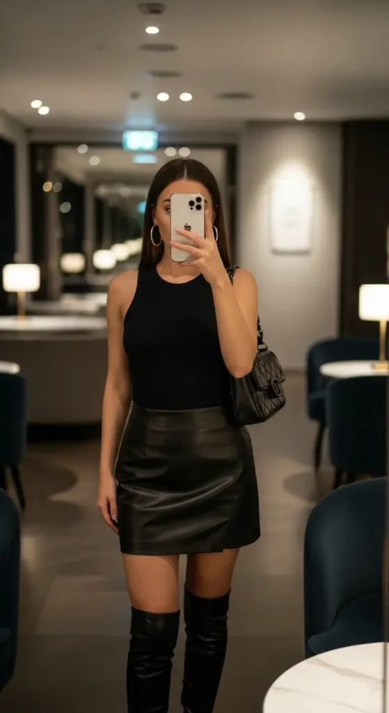 Woman in black tank top outfit ideas with leather mini skirt and knee-high boots taking mirror selfie