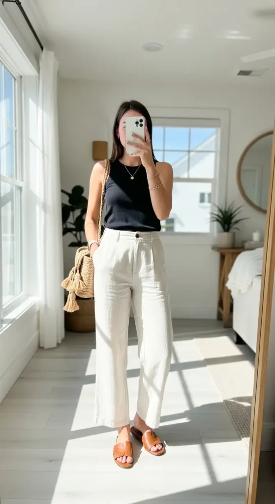 Relaxed black tank top outfit ideas with linen wide-leg pants and slide sandals