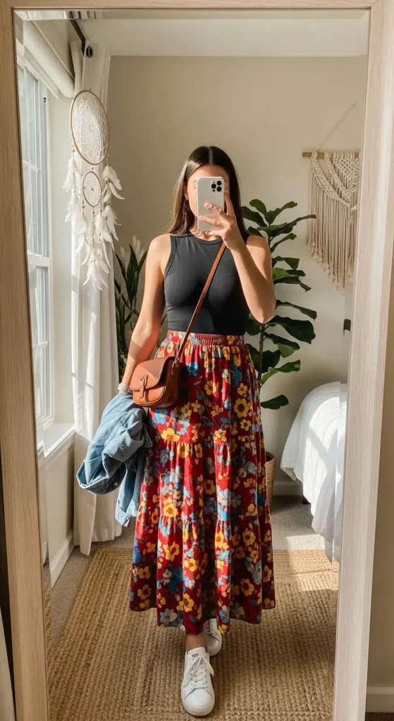 Bohemian black tank top outfit ideas with floral maxi skirt and white sneakers.