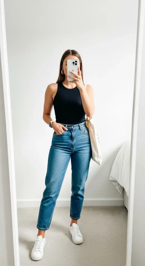 Everyday black tank top outfit ideas styled with mom jeans and white sneakers