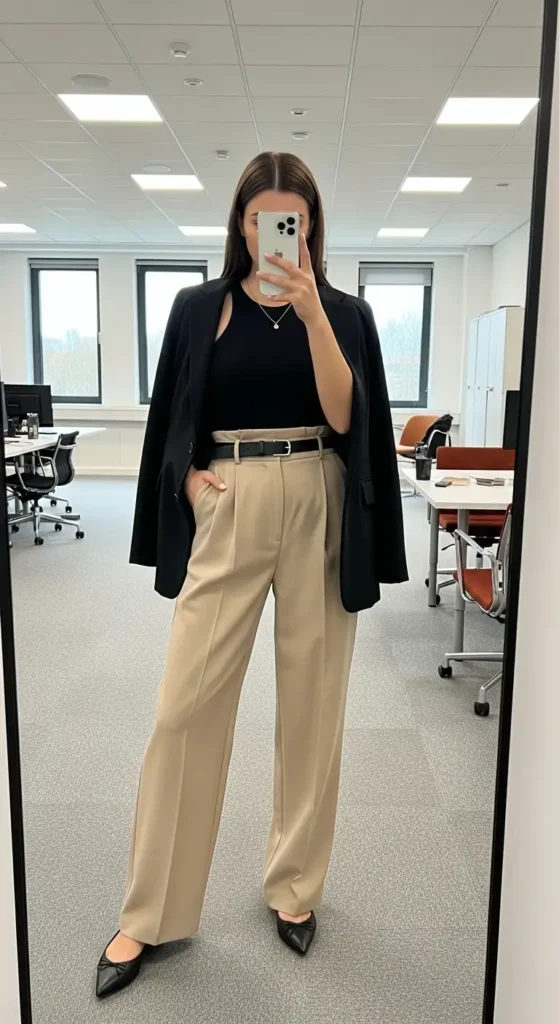 Professional black tank top outfit ideas with oversized blazer and tailored trousers.