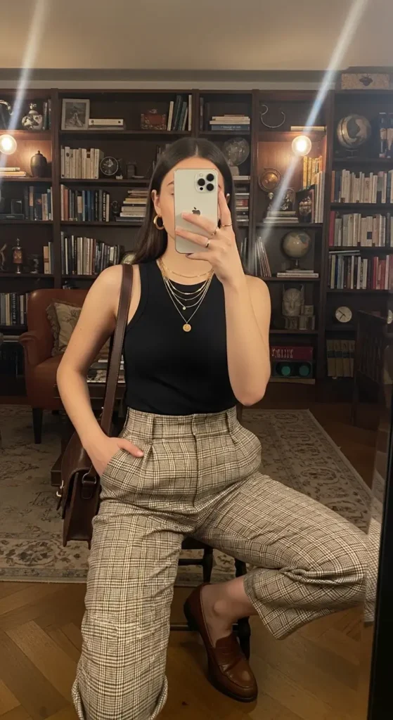 Chic black tank top outfit ideas paired with plaid pants and loafers in library setting