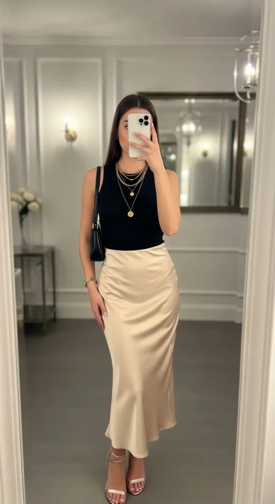 Woman showcasing black tank top outfit ideas paired with slip skirt and strappy heels in mirror selfie.