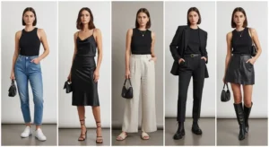 Collage of black tank top outfit ideas in various stylish bottoms and footwear.