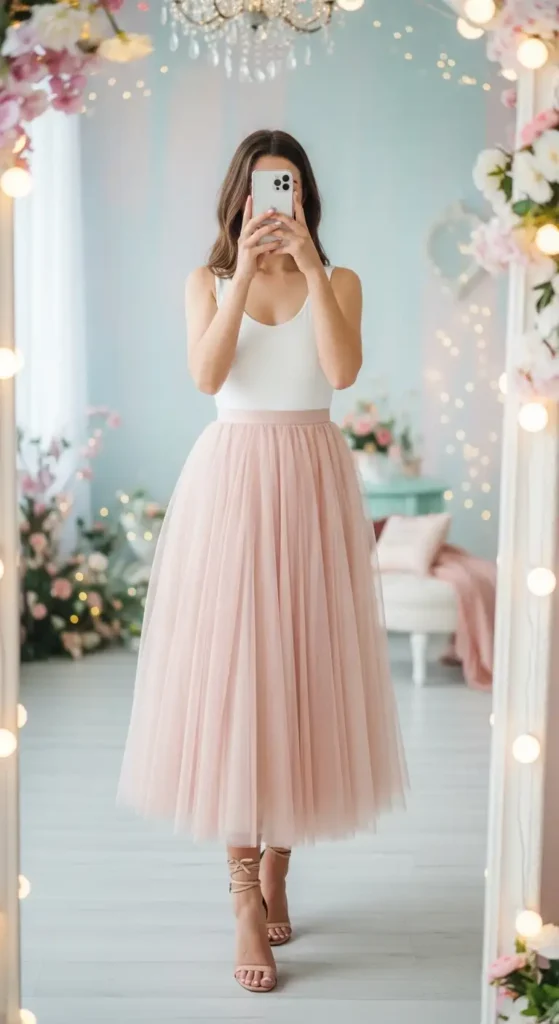 Birthday Photo Shoot Outfit Ideas mirror selfie in a blush tulle midi skirt and white fitted bodysuit