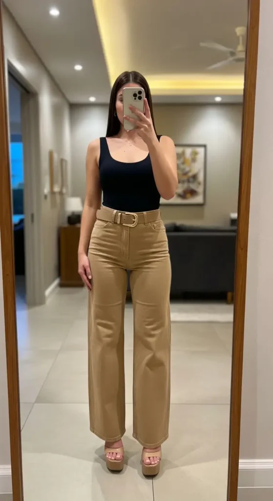 Birthday photo shoot outfit idea with jeans — black bodysuit, tan wide-leg jeans, statement belt, and platform heels