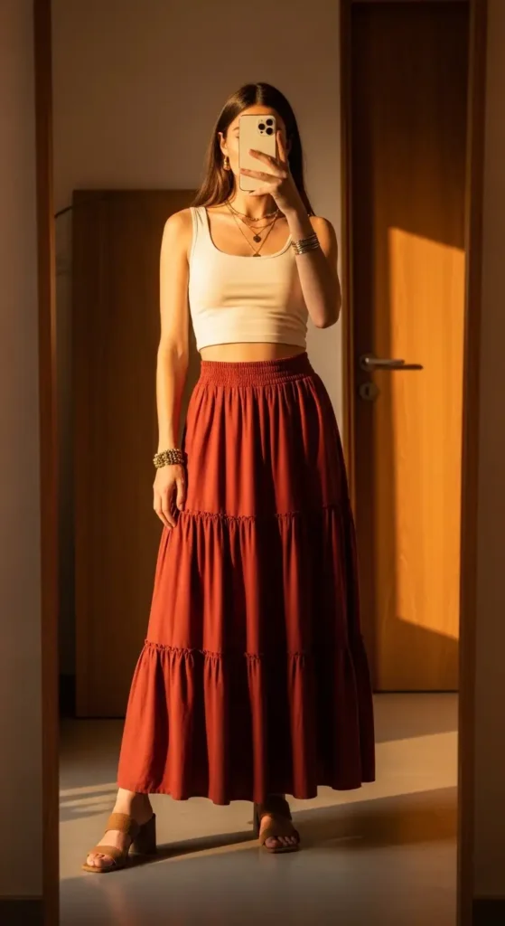 Birthday Photo Shoot Outfit Ideas mirror selfie in a rust boho tiered maxi skirt with ivory crop top