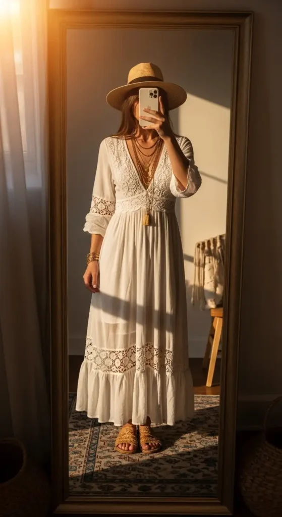 Boho woman in a white lace maxi dress and hat for outdoor Birthday Girl Outfit Ideas for Women